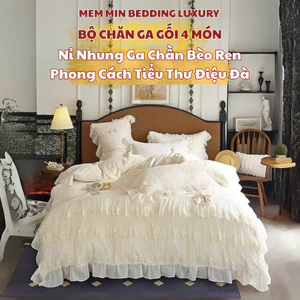 Bộ Chăn Ga Gối 4 Món Ga Chần Memminbedding Luxury Nhung Sữa Cao Cấp Họa Tiết Viền Ren Phối Phong Cách Cổ Điển - L41119