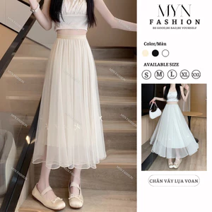Chân váy lụa voan tơ hàng cao cấp váy đính nơ siêu dễ thương Chân váy xòe dáng dài tiểu thư xòe nhẹ siêu đẹp