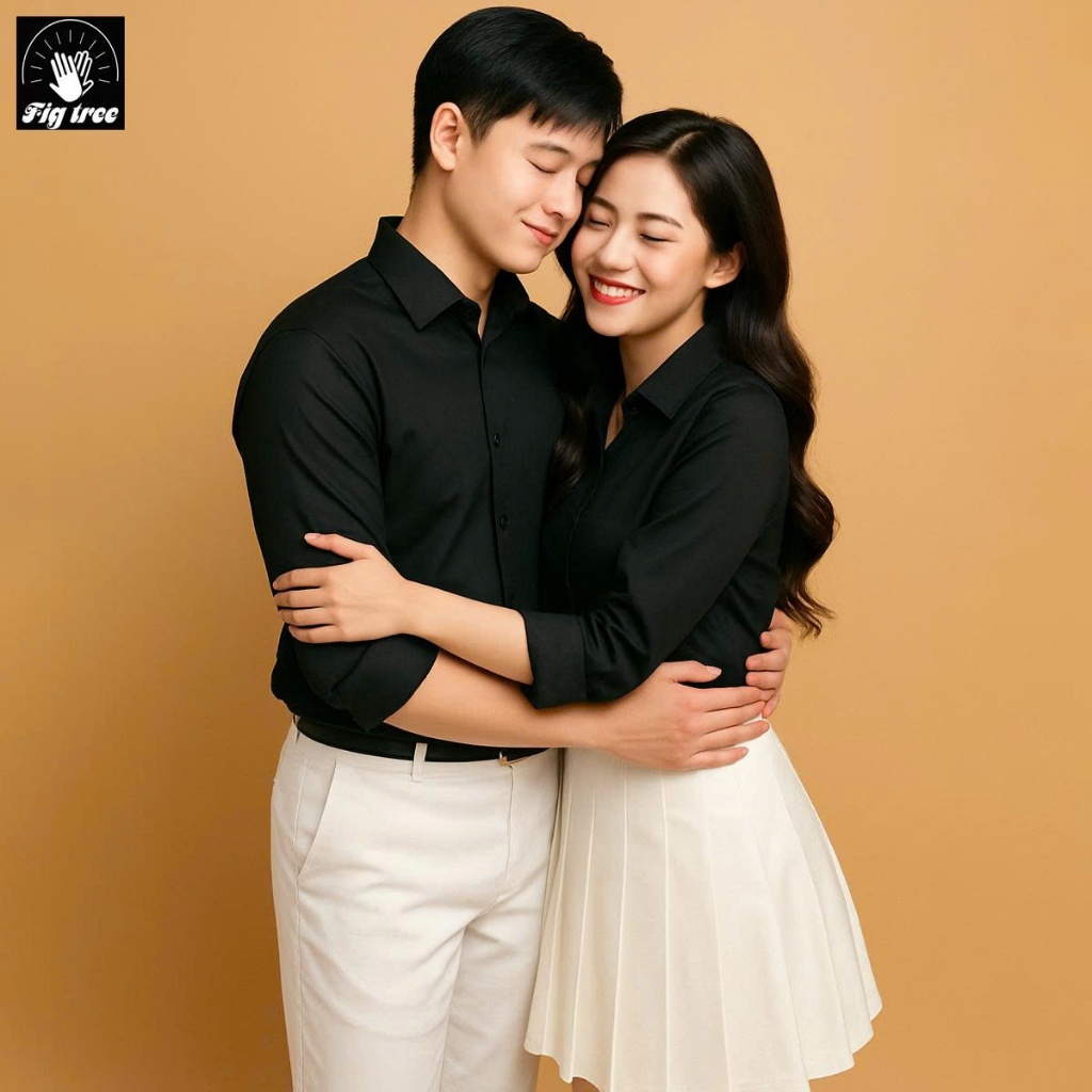 Set Áo Sơ Mi Đôi Fig Tree Màu Đen, Chất Cotton Trơn, Hàng Thiết kế Nhiều Size