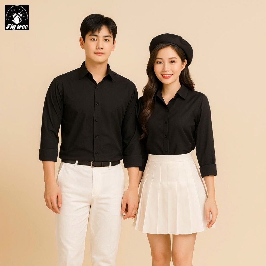 Set Áo Sơ Mi Đôi Fig Tree Màu Đen, Chất Cotton Trơn, Hàng Thiết kế Nhiều Size