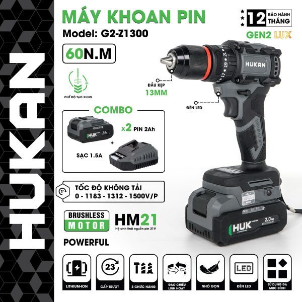 Máy Khoan HUKAN (GEN2 LUX) G2-Z1300 | Đầu 13mm, Tạo Xung, Lực Siết 60N.m, Đầu Autolock – Khoá Trục| Khoan Tường Dễ Dàng