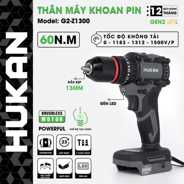Máy Khoan HUKAN (GEN2 LUX) G2-Z1300 | Đầu 13mm, Tạo Xung, Lực Siết 60N.m, Đầu Autolock – Khoá Trục| Khoan Tường Dễ Dàng
