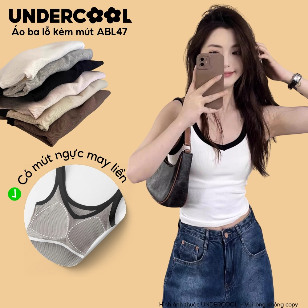 Áo ba lỗ kèm mút liền Undercool Tank top Bra, cổ V, 2 dây to, chất gân tăm nữ ôm body, có mút liền bra - ABL47