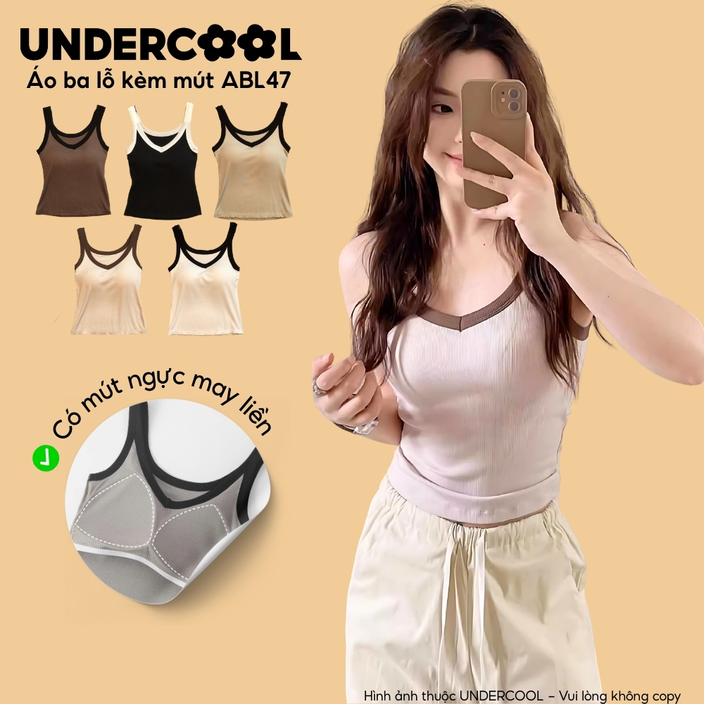 Áo ba lỗ kèm mút liền Undercool Tank top Bra, cổ V, 2 dây to, chất gân tăm nữ ôm body, có mút liền bra - ABL47