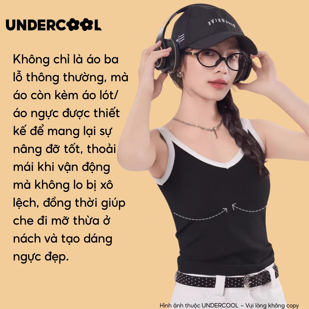 Áo ba lỗ kèm mút liền Undercool Tank top Bra, cổ V, 2 dây to, chất gân tăm nữ ôm body, có mút liền bra - ABL47