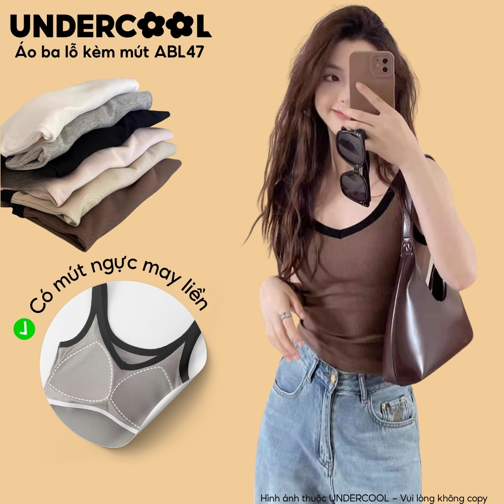 Áo ba lỗ kèm mút liền Undercool Tank top Bra, cổ V, 2 dây to, chất gân tăm nữ ôm body, có mút liền bra - ABL47