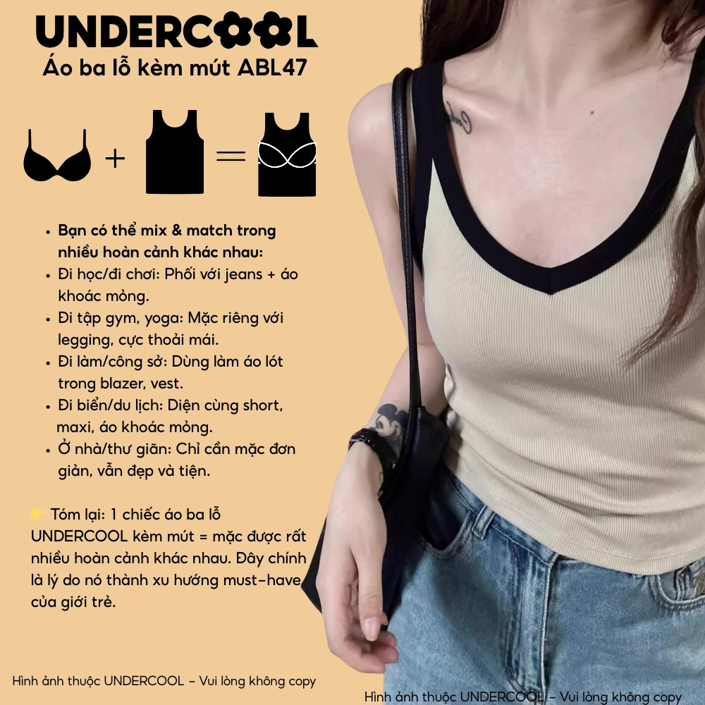 Áo ba lỗ kèm mút liền Undercool Tank top Bra, cổ V, 2 dây to, chất gân tăm nữ ôm body, có mút liền bra - ABL47