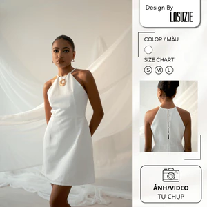 SOFIA DRESS - Đầm Trắng Ngắn Cổ Yếm Dáng Chữ A Thanh Lịch, Váy Dự Tiệc Sang Trọng Không Tay, Váy Mini Dress Nữ Cao Cấp