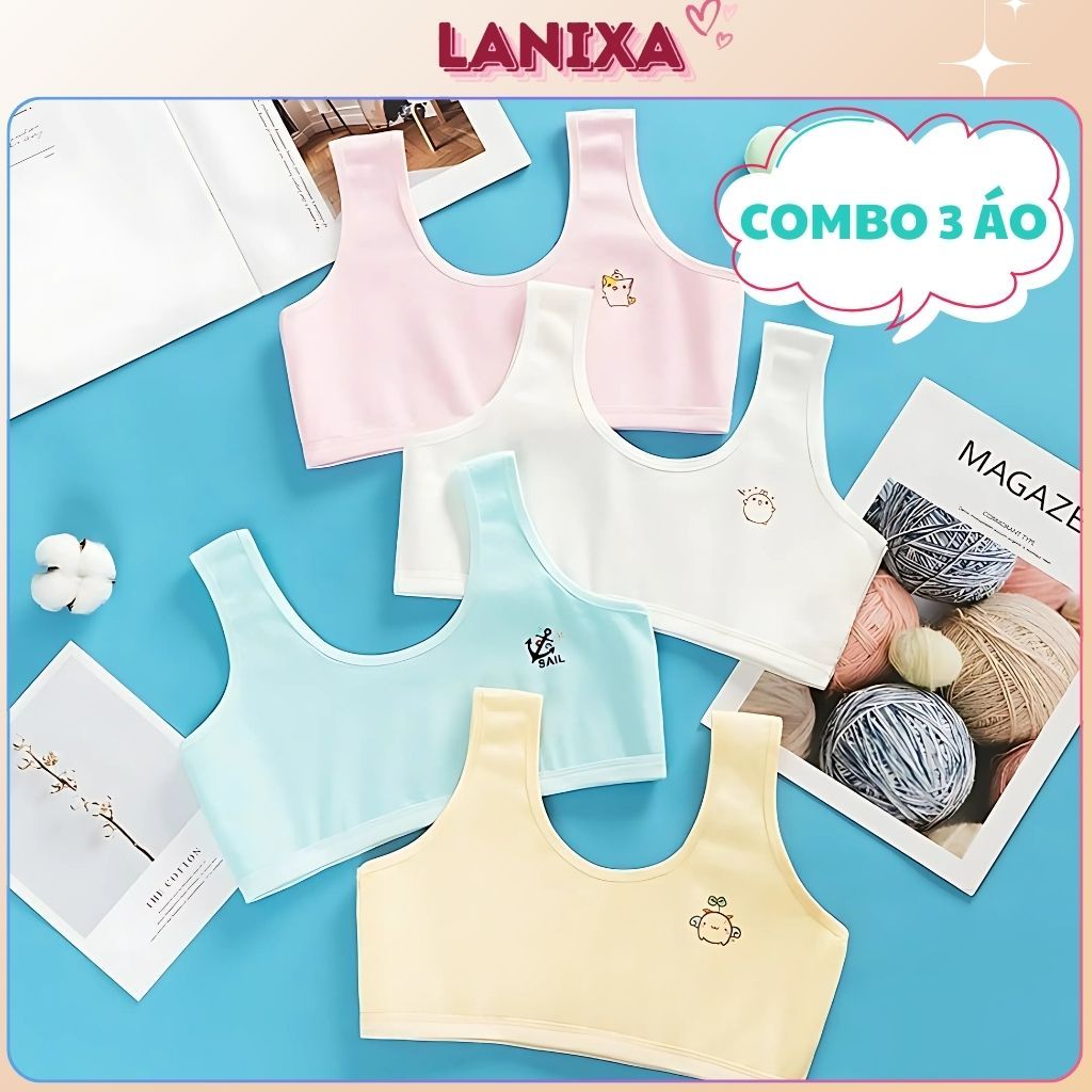 COMBO 3 Áo lá bé gái tuổi dậy thì cotton thoáng khí - SET3 Áo lót học sinh họa tiết cute LANIXA B341