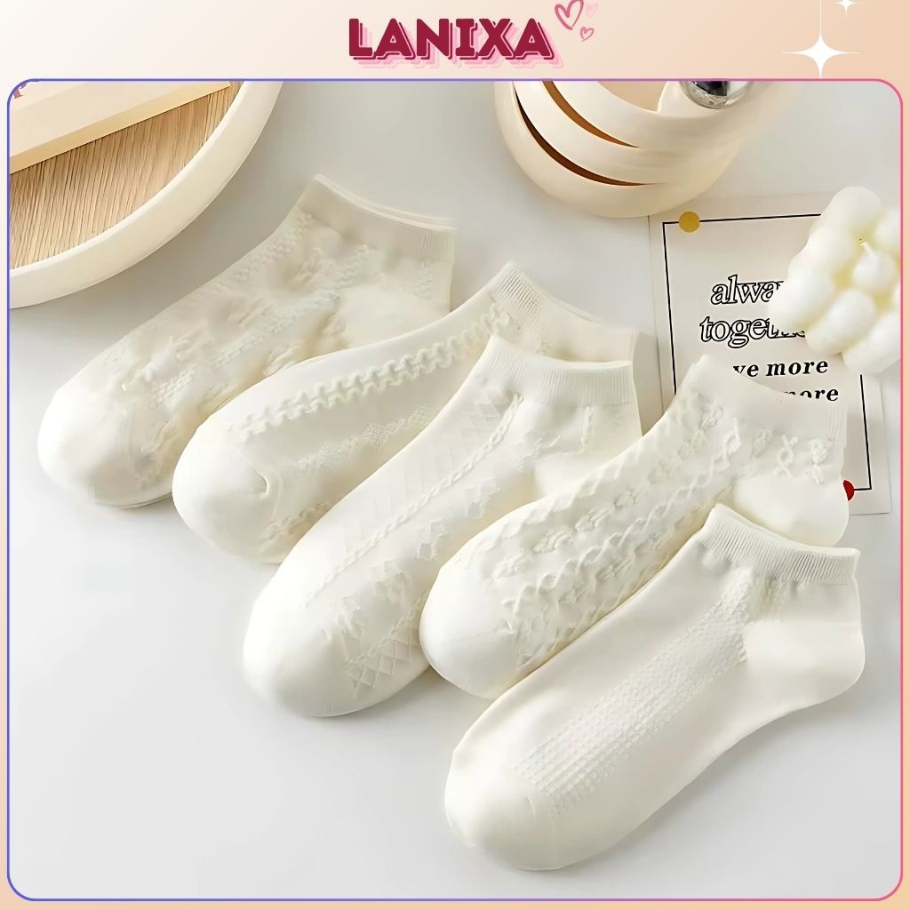 Combo 5 đôi tất nữ cổ ngắn trắng trơn họa tiết đơn giản chất cotton mềm mại thấm hút tốt LANIXA T632