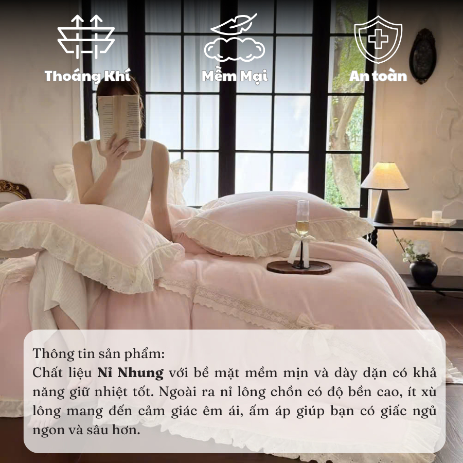 Bộ chăn ga gối nỉ ga trần MemMinbedding Luxury bèo nhúm kết hợp đường ren bèo trang nhã tiểu thư - (L4858)