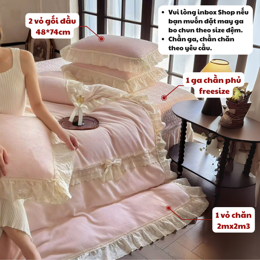 Bộ chăn ga gối nỉ ga trần MemMinbedding Luxury bèo nhúm kết hợp đường ren bèo trang nhã tiểu thư - (L4858)