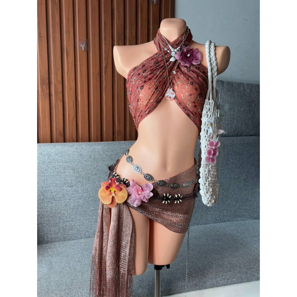 Sét bikini khăn quấn cam san hô Freesize. Tặng dây chuyền vỏ sò,chip, 2 kẹp hoa bất kỳ( chưa bao gồm phụ kiện)