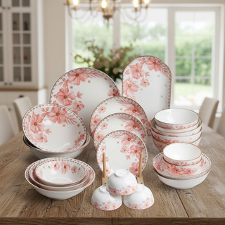 Bộ Tô Đĩa Chén Decor Hoa Dừa Hồng - Sứ Tráng Men, Họa Tiết Thanh Lịch, Bền Đẹp - Hunghome