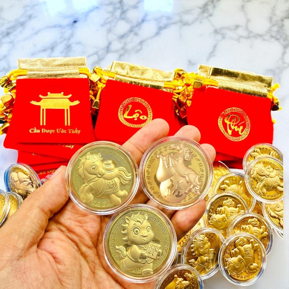 Trọn bộ gồm 10 đồng xu con Ngựa + túi nhung LỘC PHÚC sang trọng, quà tặng, lì xì tết