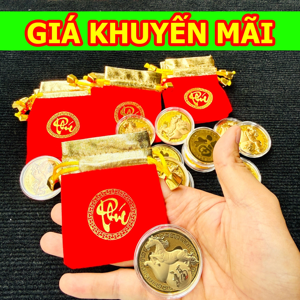 [TẾT 2026] Xu Lá Vàng Ngựa Thần Tài May Mắn + Túi Gấm Phúc Lộc