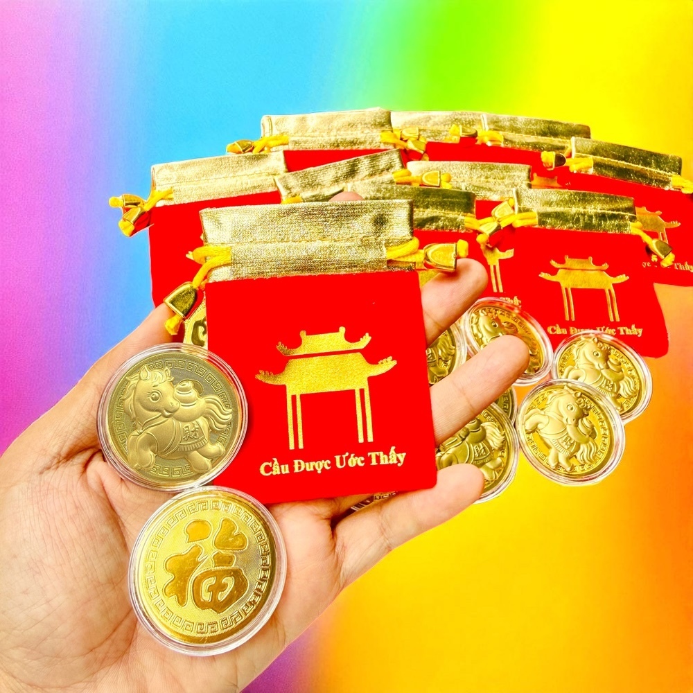 Combo 10 Xu con Ngựa vàng + túi gấm Lộc làm quà tặng, đồng nghiệp khách hàng Tết Bính Ngọ
