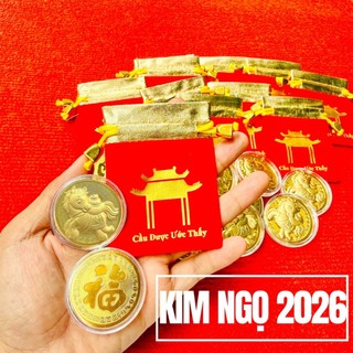 [BÁN CHẠY] Xu Lá Vàng Ngựa Thần Tài May Mắn + Túi Gấm Phúc Lộc