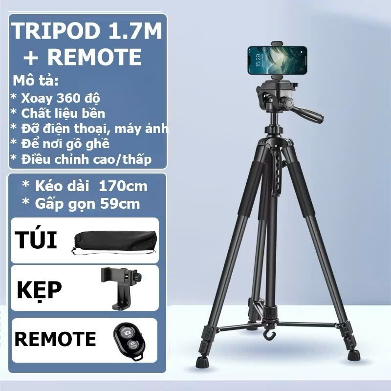 Chân Quay Máy Ảnh Điện Thoại Tripod kim loại 360° Tặng Kèm Remote, túi đeo, kẹp ĐT - Cao cấp - Chính Hãng HD Design