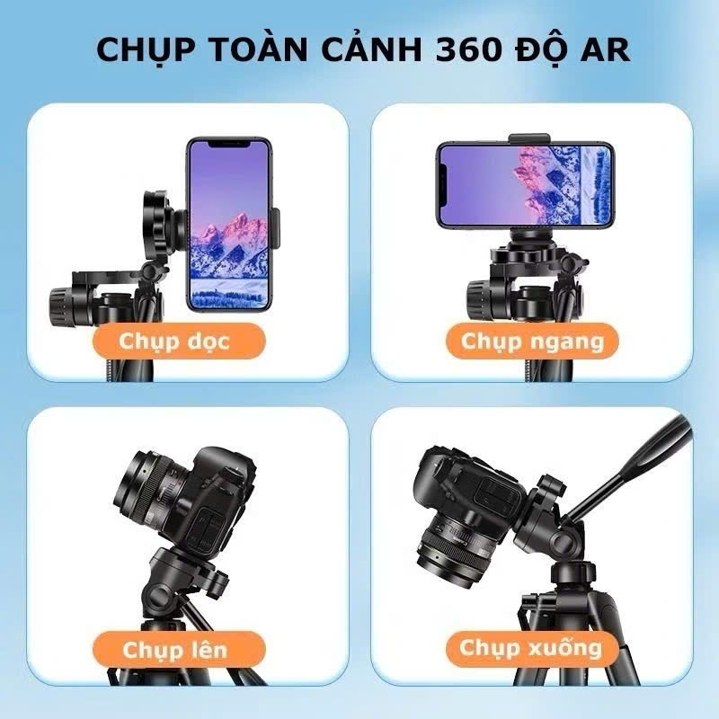 Chân Quay Máy Ảnh Điện Thoại Tripod kim loại 360° Tặng Kèm Remote, túi đeo, kẹp ĐT - Cao cấp - Chính Hãng HD Design