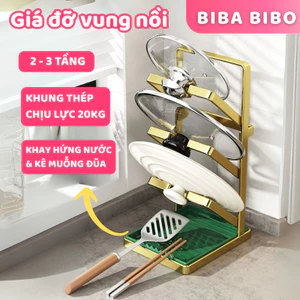 Giá Đỡ Nắp Vung 3 Tầng Khung Thép Chịu Lực BIBA BIBO, Kệ Để Vung Xoong Nồi Kèm Khay Hứng Nước