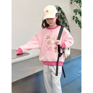 [B&G] Sét bộ thu đông Áo nỉ hồng in hình thú cưng, phối quần jogger xám năng động cho bé gái