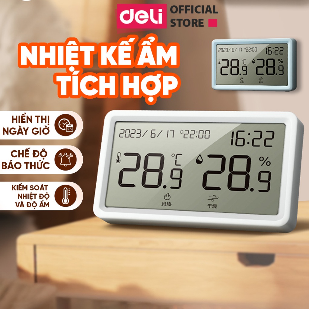 Đồng Hồ Báo Thức Tích Hợp Nhiệt Kế Deli đo nhiệt độ, độ ẩm phòng ngủ cho bé chính xác