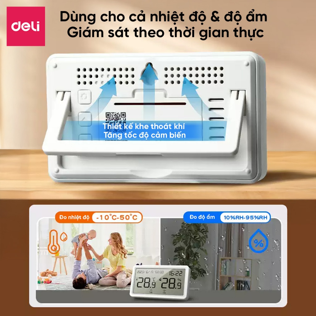 Đồng Hồ Báo Thức Tích Hợp Nhiệt Kế Deli đo nhiệt độ, độ ẩm phòng ngủ cho bé chính xác