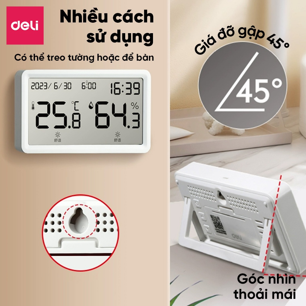 Đồng Hồ Báo Thức Tích Hợp Nhiệt Kế Deli đo nhiệt độ, độ ẩm phòng ngủ cho bé chính xác