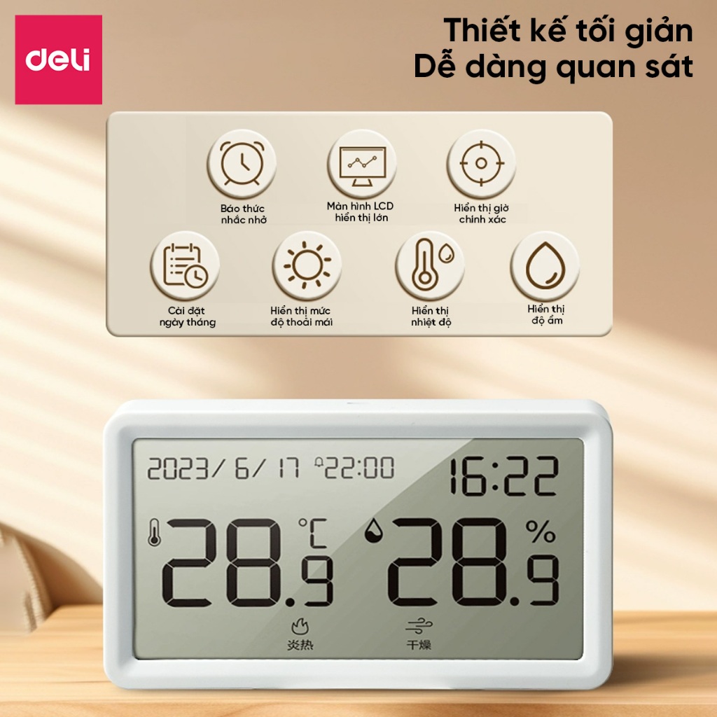 Đồng Hồ Báo Thức Tích Hợp Nhiệt Kế Deli đo nhiệt độ, độ ẩm phòng ngủ cho bé chính xác