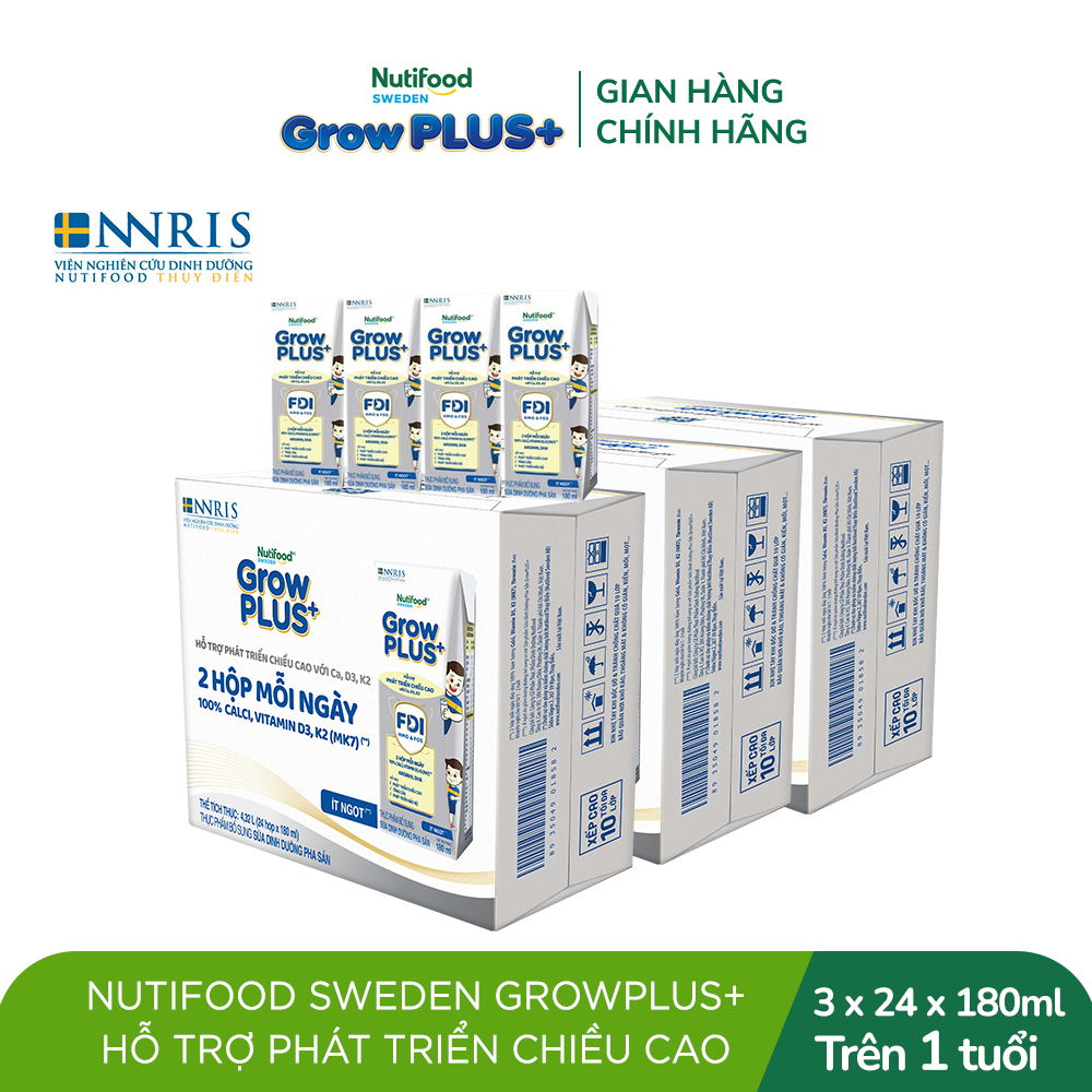 Combo 3 thùng 24 hộp Sữa Bột Pha Sẵn Nutifood Sweden GrowPLUS+ Cao lớn vượt trội 180 ml