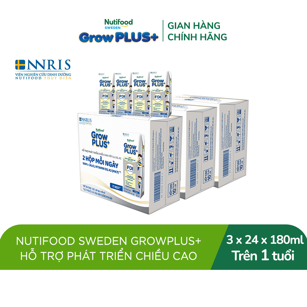Combo 3 thùng 24 hộp Sữa Bột Pha Sẵn Nutifood Sweden GrowPLUS+ Cao lớn vượt trội 180 ml