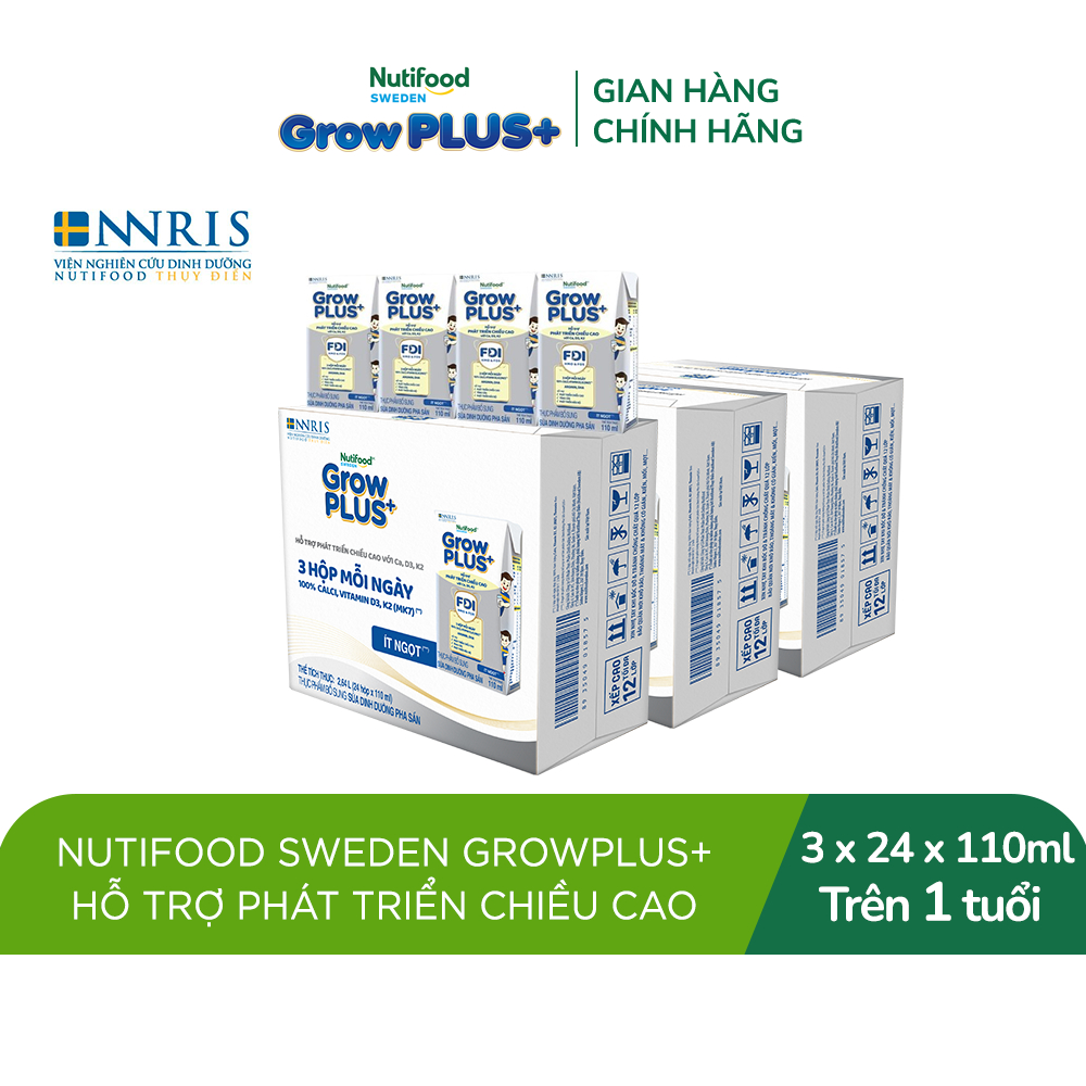 Combo 3 thùng 24 hộp Sữa Bột Pha Sẵn Nutifood Sweden GrowPLUS+ Cao lớn vượt trội 110 ml