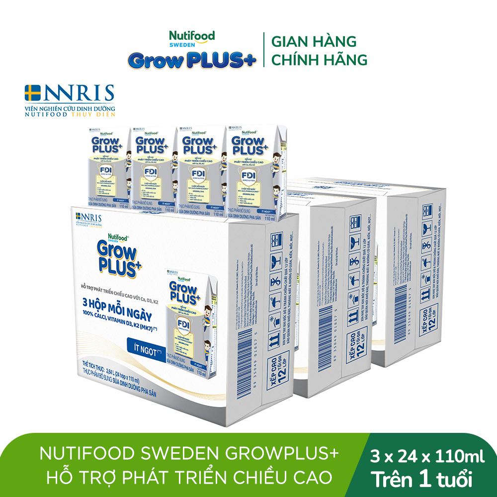 Combo 3 thùng 24 hộp Sữa Bột Pha Sẵn Nutifood Sweden GrowPLUS+ Cao lớn vượt trội 110 ml