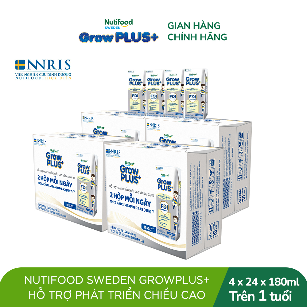 Combo 4 thùng 24 hộp Sữa Bột Pha Sẵn Nutifood Sweden GrowPLUS+ Cao lớn vượt trội 180 ml
