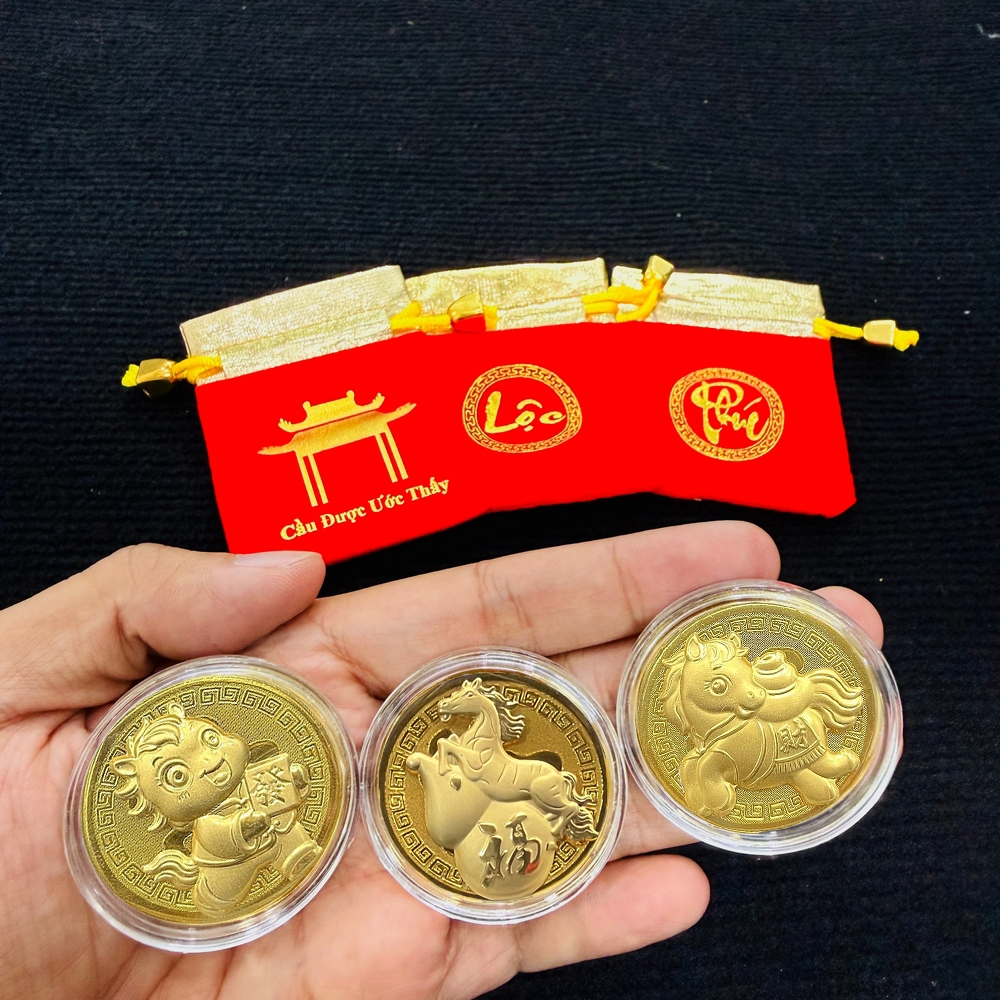 Bộ gồm 10 đồng xu con Ngựa + túi nhung 2026 sang trọng, quà tặng, lì xì tết