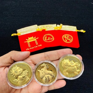 [BÁN CHẠY] Xu Lá Vàng Ngựa Thần Tài May Mắn + Túi Gấm Phúc Lộc