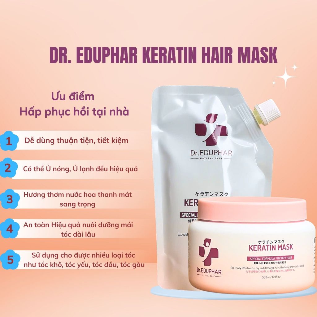 Kem Hấp Ủ Tóc Dr.EDUPHAR Keratin Hair Mask 500ml | Dưỡng Tóc Mềm Mượt, Bóng Khỏe & Giảm Khô Xơ