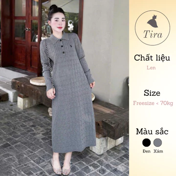 Váy len bầu thu đông TIRA MAMA M139 Váy len POLO xoắn thừng thêu ngựa Váy len bầu dài tay