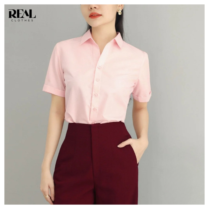 Sơ mi công sở tay ngắn cổ V cơ bản REAL CLOTHES (tổng hợp màu), vải Kate thoáng mát, có nút dự phòng