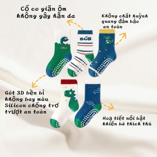 Set 5 Đôi Tất Cho Bé Cotton Khủng Long Xanh BCB Cao Cổ Có Kèm Chống Trượt Dino Te122