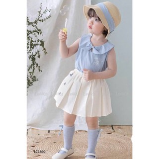 [B&G] Sét váy CH Áo sát nách xanh pastel cổ nơ siêu xinh, phối cùng chân váy xếp ly kem trắng