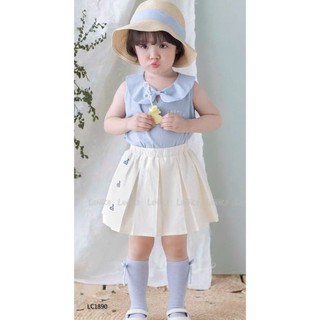 [B&G] Sét váy CH Áo sát nách xanh pastel cổ nơ siêu xinh, phối cùng chân váy xếp ly kem trắng