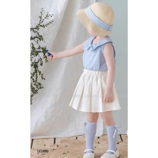 [B&G] Sét váy CH Áo sát nách xanh pastel cổ nơ siêu xinh, phối cùng chân váy xếp ly kem trắng