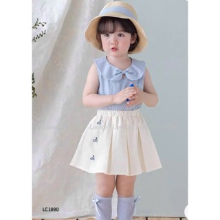 [B&G] Sét váy CH Áo sát nách xanh pastel cổ nơ siêu xinh, phối cùng chân váy xếp ly kem trắng