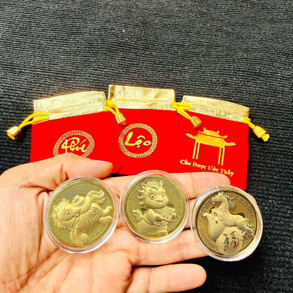 COMBO 10 Thỏi Ngựa Thần Tài Mạ Vàng 24k Kèm Túi Phúc Lộc Phong Thủy May Mắn Làm Quà Tặng Ý Nghĩa