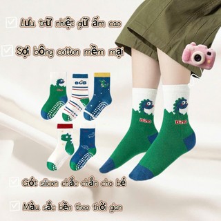 Set 5 Đôi Tất Cho Bé Cotton Khủng Long Xanh BCB Cao Cổ Có Kèm Chống Trượt Dino Te122