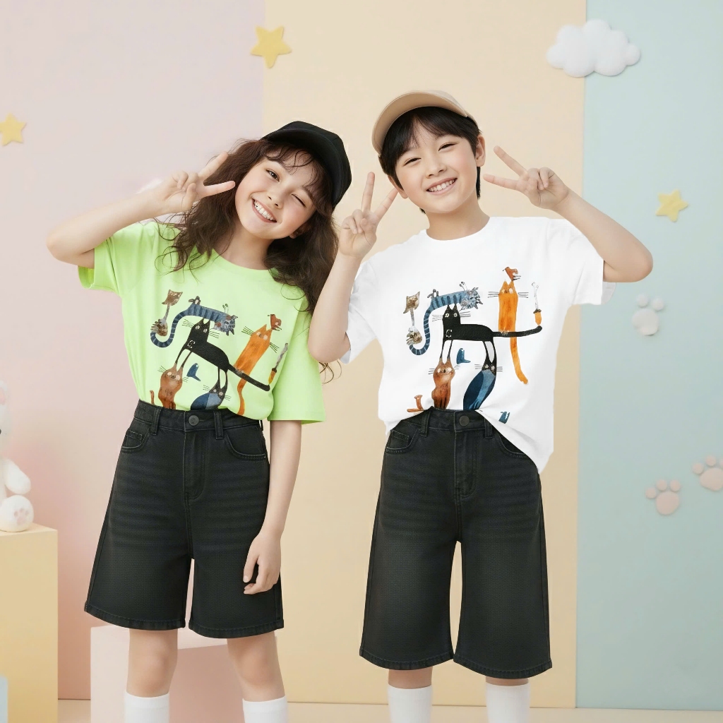Áo Thun Trẻ Em Mirage Họa Tiết Bé Mèo Đáng Yêu Chất 100% Cotton Cao Cấp.