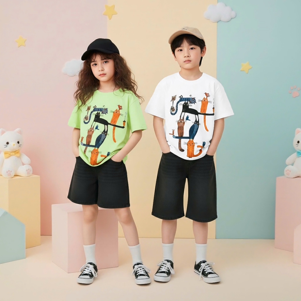 Áo Thun Trẻ Em Mirage Họa Tiết Bé Mèo Đáng Yêu Chất 100% Cotton Cao Cấp.