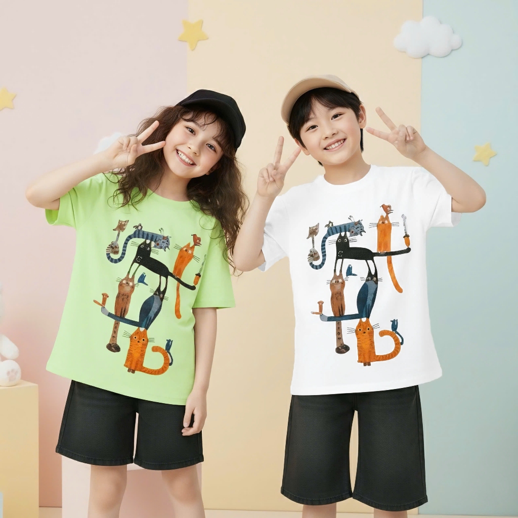 Áo Thun Trẻ Em Mirage Họa Tiết Bé Mèo Đáng Yêu Chất 100% Cotton Cao Cấp.